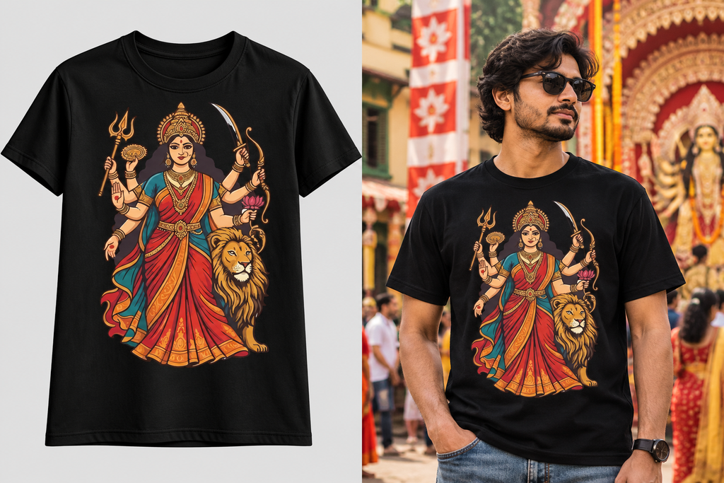 A black short-sleeve graphic T-shirt shown both as a flat product mockup and worn by a man outdoors. The shirt features a large colorful illustration of a Hindu goddess with a lion, rendered in warm red, orange, gold, and teal tones.