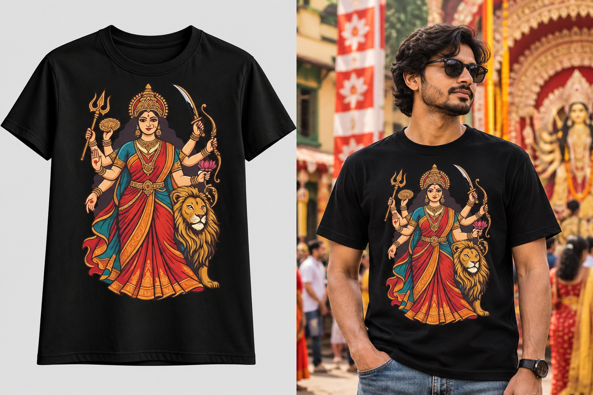 A black short-sleeve graphic T-shirt shown both as a flat product mockup and worn by a man outdoors. The shirt features a large colorful illustration of a Hindu goddess with a lion, rendered in warm red, orange, gold, and teal tones.