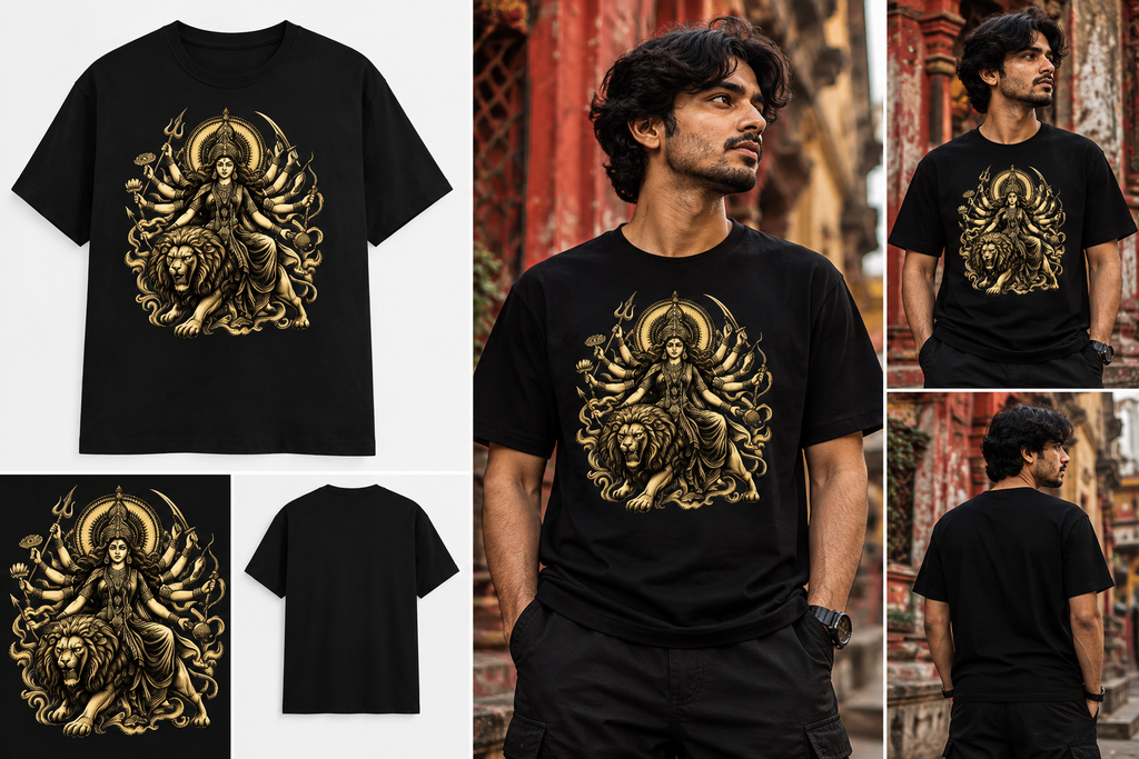 A collage showing a black short-sleeve T-shirt with a large gold-toned graphic of a multi-armed deity riding a lion. The collage includes a clean front product view, a man wearing the shirt from the front, a man wearing it from the back, and a close-up of the chest graphic.