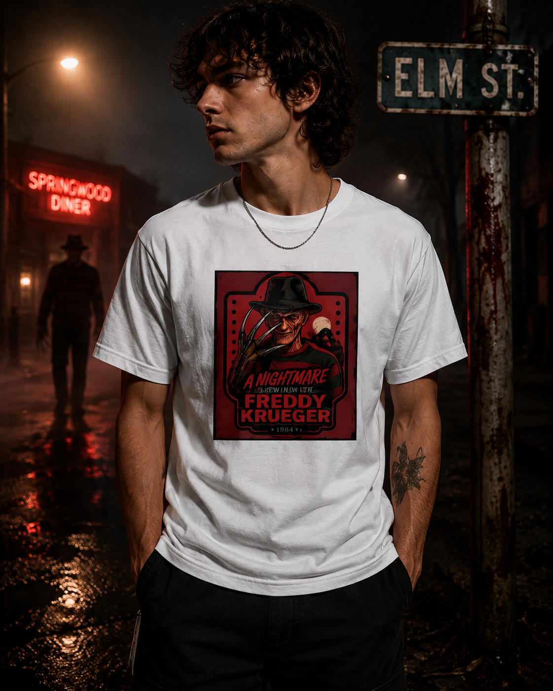 A man wearing a white crewneck t-shirt with a red and black graphic print of Freddy Krueger, standing in a dark, rainy street scene with a 'Springwood Diner' sign in the background.