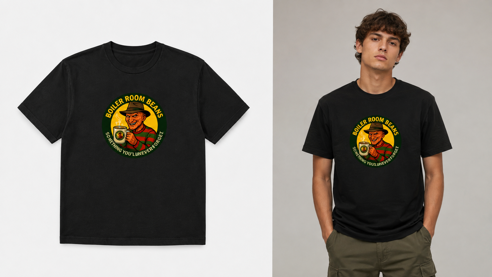 Boiler Room Beans Horror Coffee T-Shirt | Retro Slasher Parody Graphic Tee