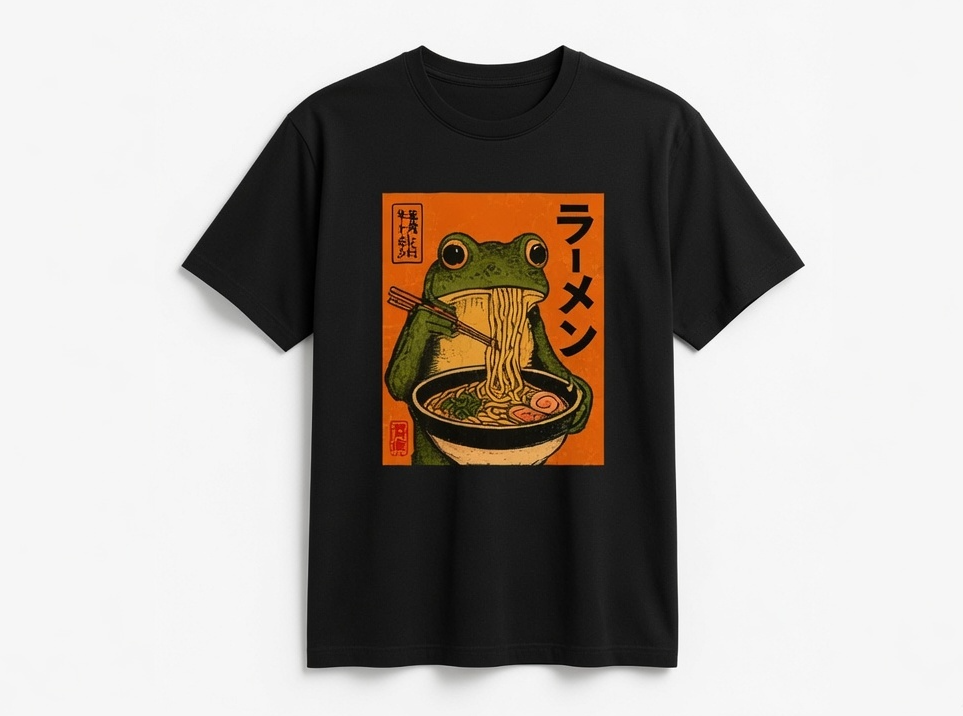 A black short-sleeve crewneck t-shirt featuring a retro-style graphic print of a green frog eating ramen noodles from a bowl, set against a solid orange background with Japanese text.
