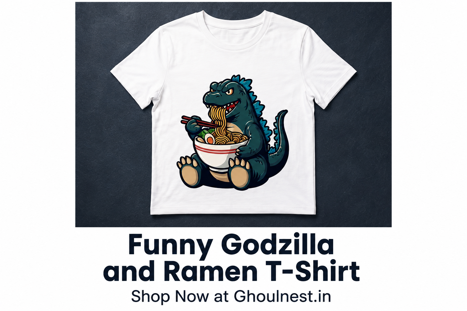 A white short-sleeve t-shirt with a cartoon graphic of Godzilla eating ramen, displayed on a dark textured background with promotional text below.