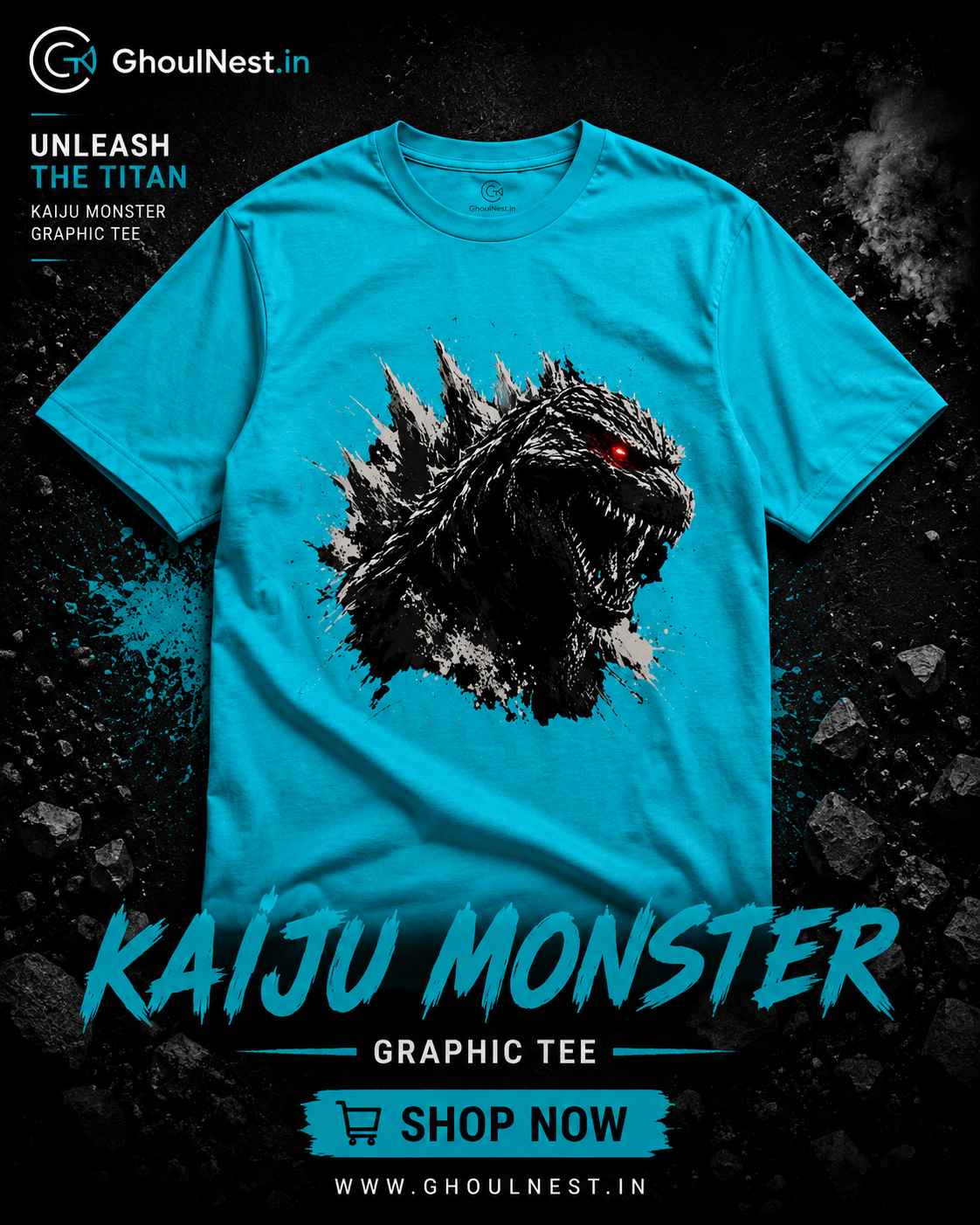 A bright turquoise graphic t-shirt featuring a stylized black and white Kaiju monster print on the front, displayed against a dark textured background with promotional text overlays.
