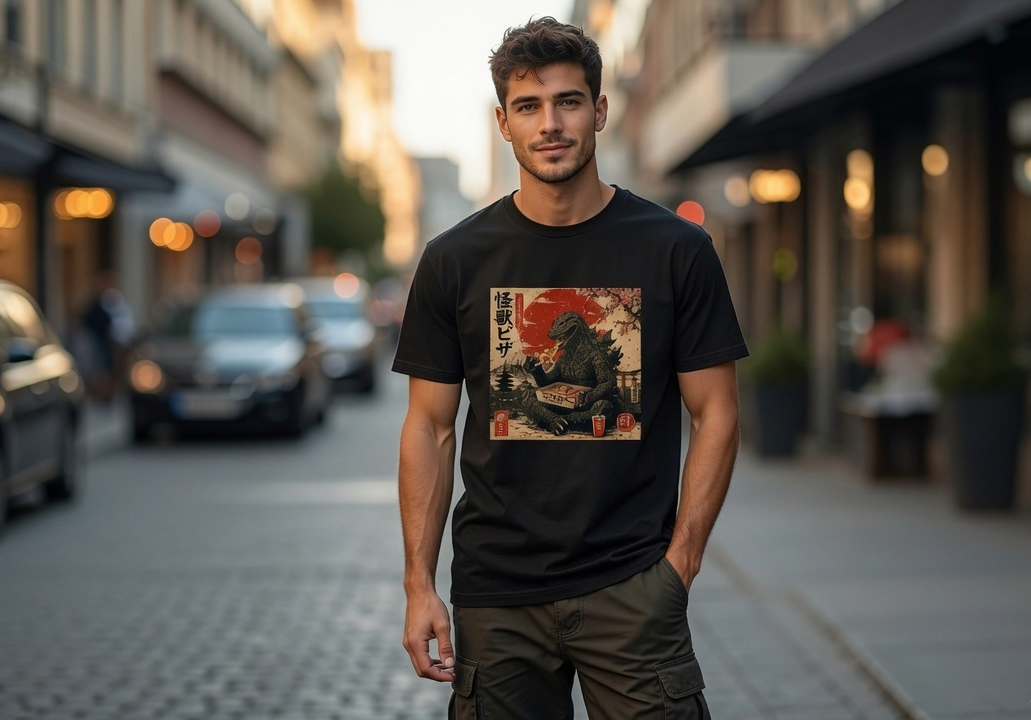 A man standing on a city street wearing a black graphic t-shirt with a Japanese-style print featuring Godzilla and a red sun, paired with olive cargo pants.