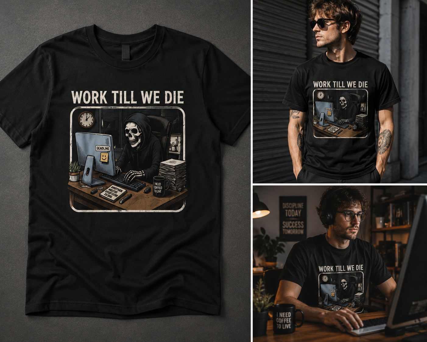 Work Till We Die – Funny Skeleton Graphic T-Shirt | Dark Humor Tee