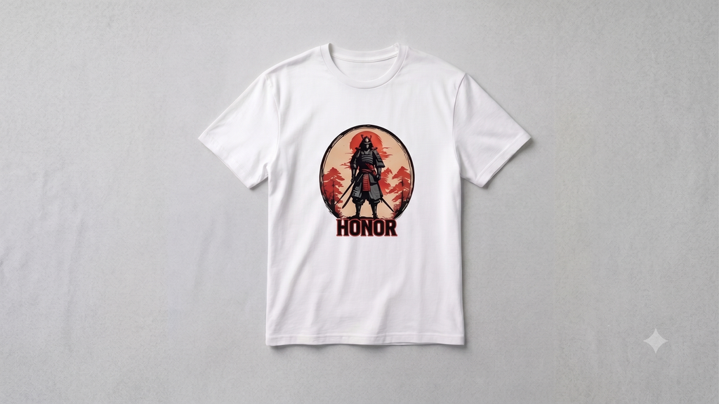 A white short-sleeve crewneck t-shirt with a circular graphic print on the chest. The graphic features a samurai warrior silhouette against a red sunset and mountains, with the word 'HONOR' printed below in a dark red font.