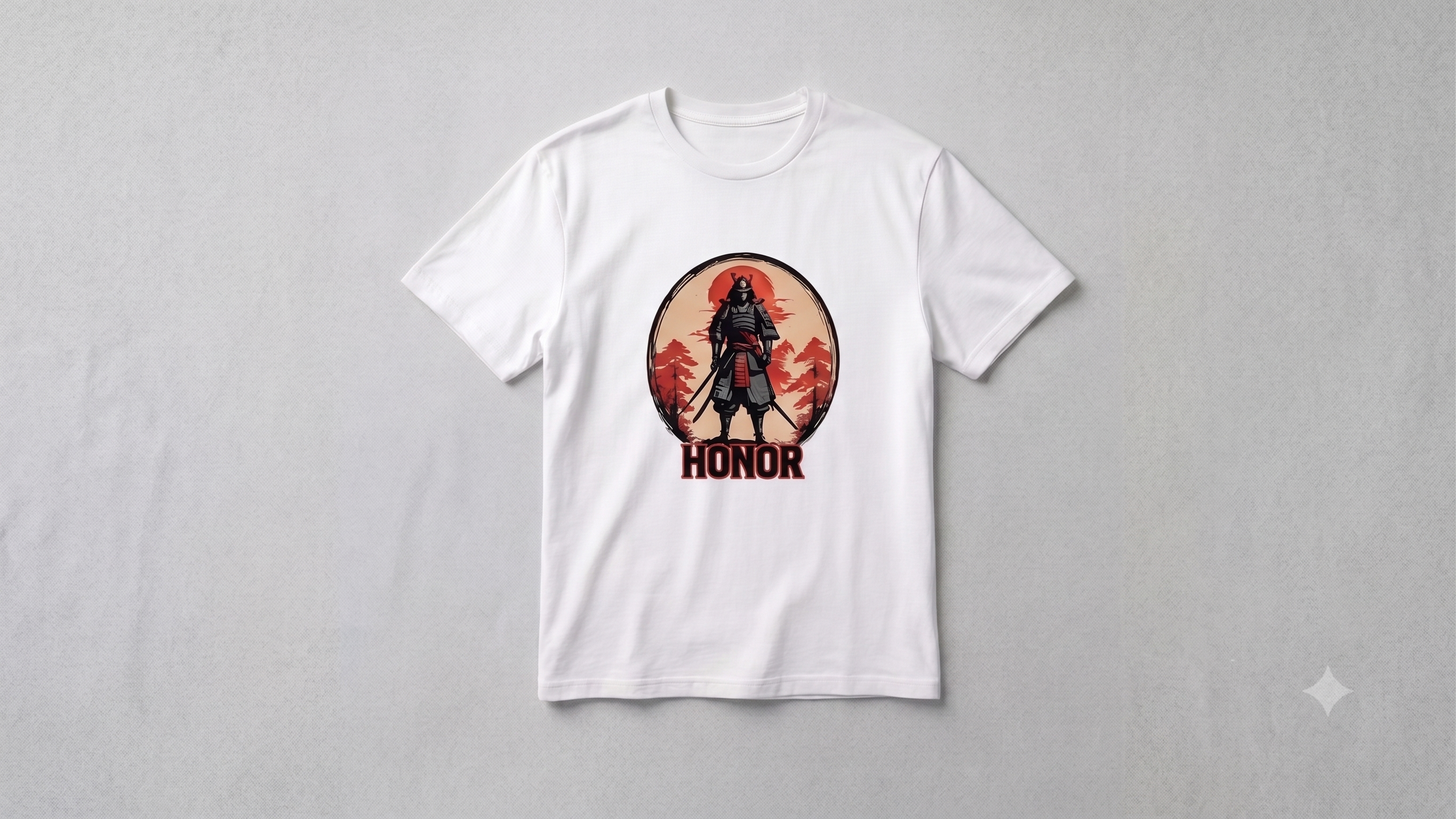 A white short-sleeve crewneck t-shirt with a circular graphic print on the chest. The graphic features a samurai warrior silhouette against a red sunset and mountains, with the word 'HONOR' printed below in a dark red font.