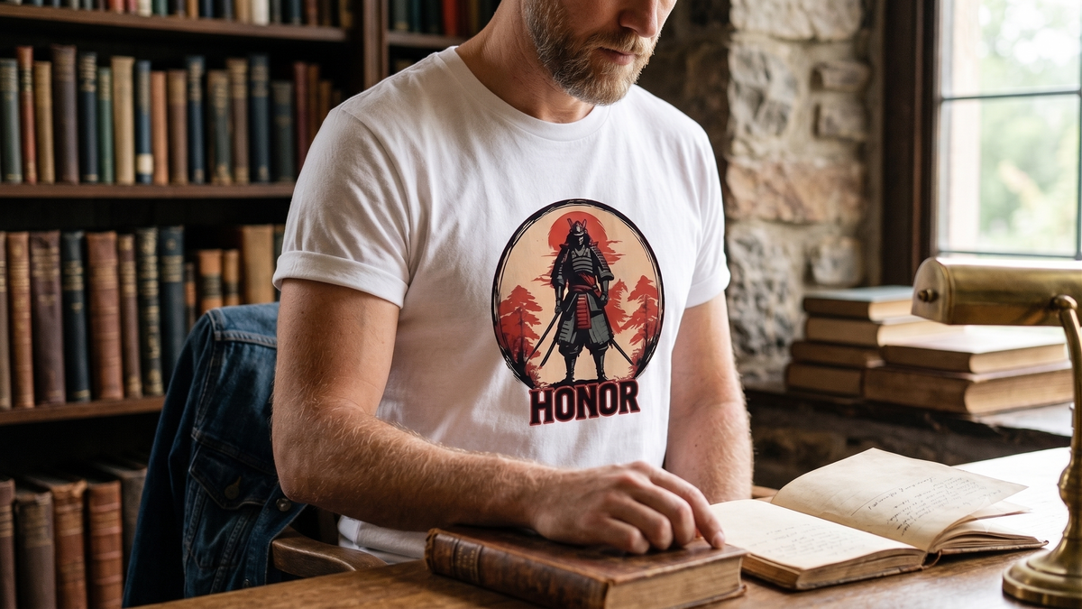 A man in a library wearing a white t-shirt with a circular samurai graphic and the word 'HONOR' printed on the front, sitting at a wooden desk with books.