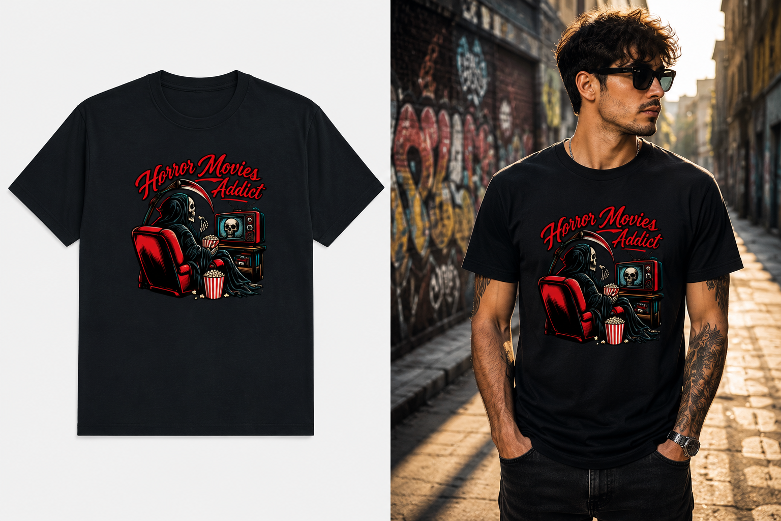 Horror Movies Addict T-Shirt | Grim Reaper Horror Graphic Tee | GhoulNest