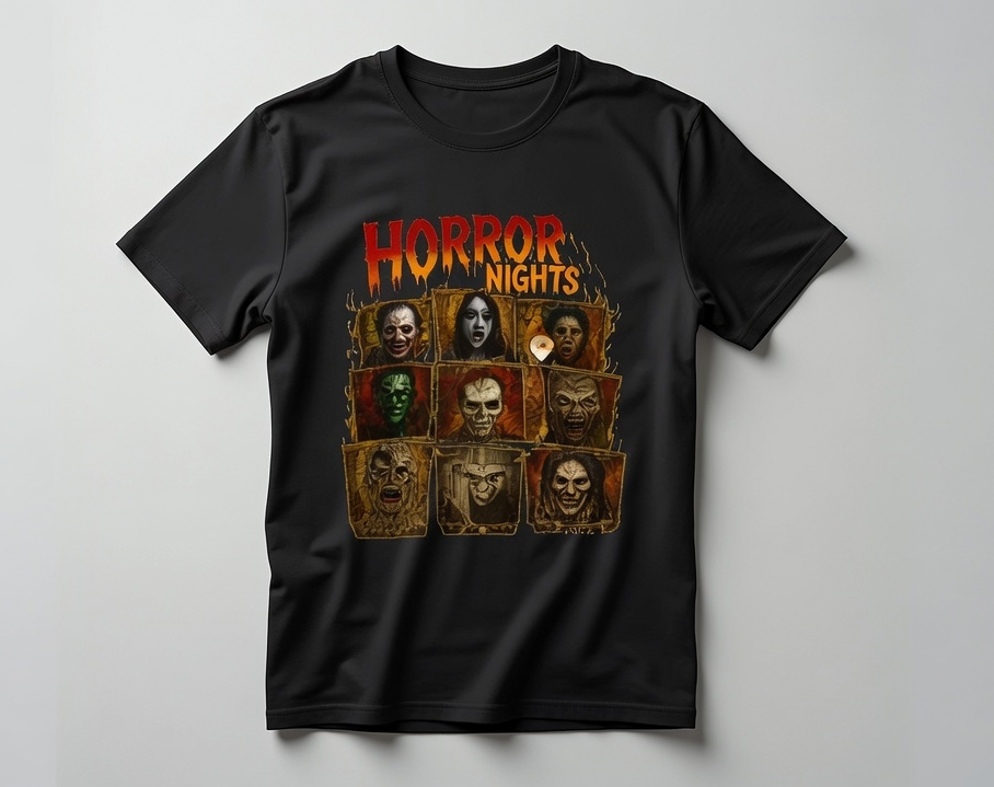 A black short-sleeve t-shirt with a 'Horror Nights' graphic print on the front, featuring various horror character faces in a grid with fiery orange and red lettering, displayed on a neutral gray background.