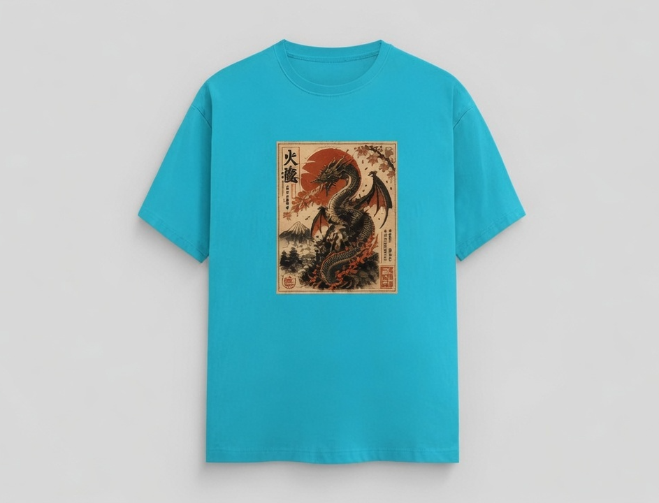 A bright turquoise blue short-sleeve t-shirt with a vintage Japanese-style dragon graphic print on the chest, displayed against a neutral light gray background.