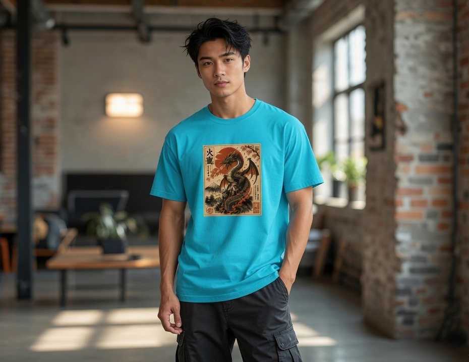 A man wearing a bright turquoise blue graphic t-shirt with a vintage-style dragon print, standing in a modern loft-style room with brick columns and large windows.
