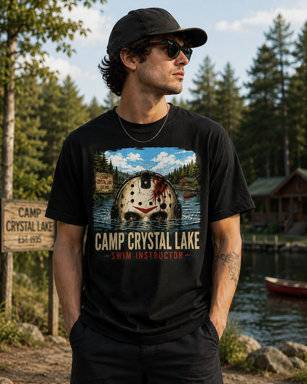 A man wearing a black t-shirt with a graphic of a hockey mask in a lake and the text 'CAMP CRYSTAL LAKE - SWIM INSTRUCTOR', standing outdoors near a lake and trees.