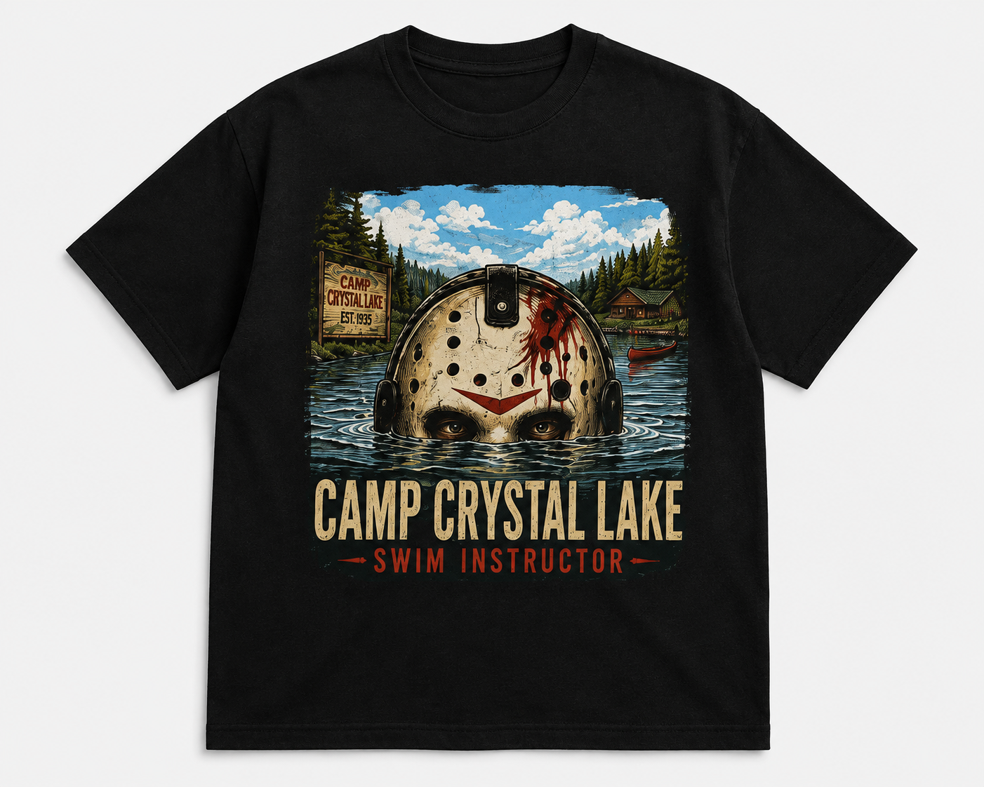A black short-sleeve crewneck t-shirt featuring a graphic print of Jason Voorhees from 'Camp Crystal Lake' with the text 'CAMP CRYSTAL LAKE' and 'SWIM INSTRUCTOR'.