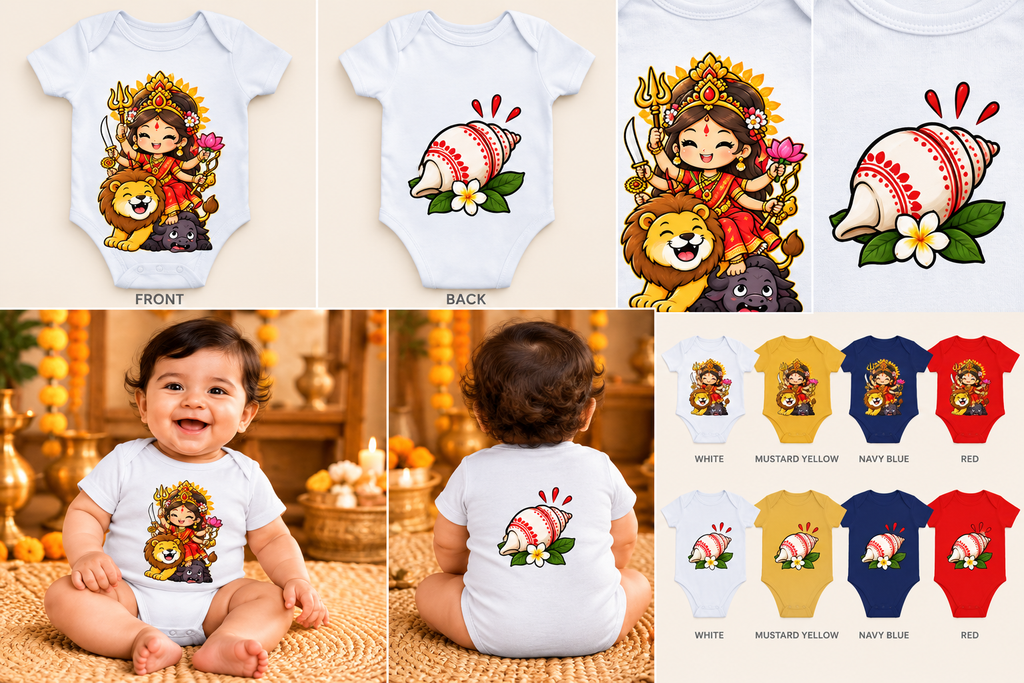 A collage showing baby bodysuit designs and color options. The top row shows front and back views of white printed bodysuits with cartoon graphics: a child with a lion, a seashell flower motif, and a lion face.
