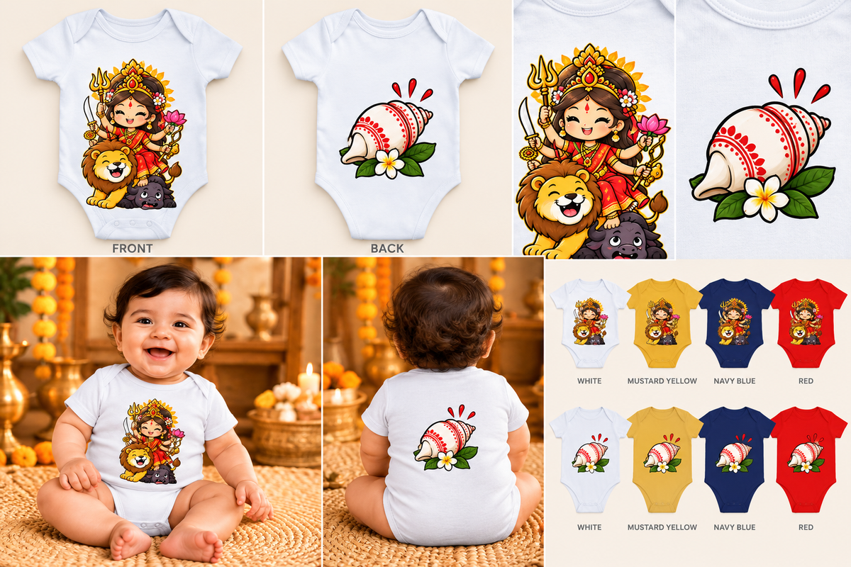 A collage showing baby bodysuit designs and color options. The top row shows front and back views of white printed bodysuits with cartoon graphics: a child with a lion, a seashell flower motif, and a lion face.
