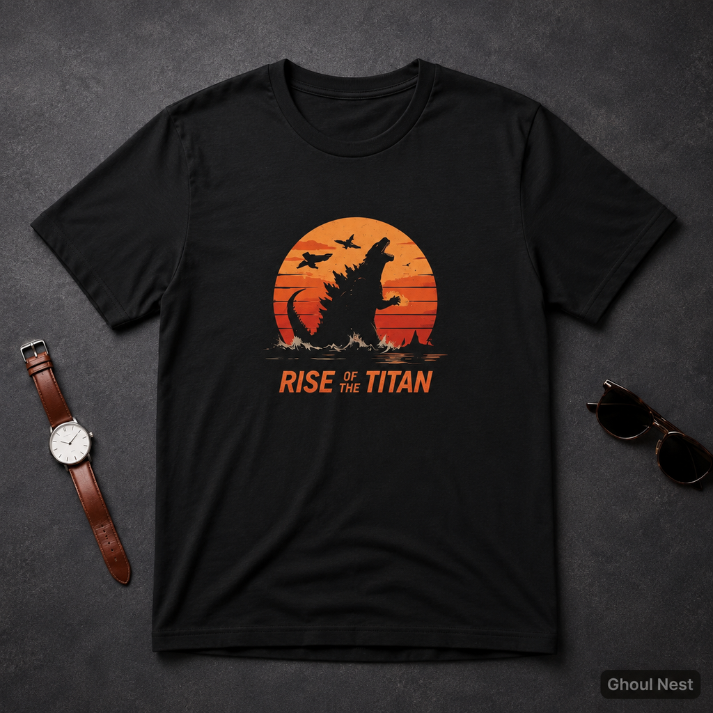 A black short-sleeve graphic T-shirt laid flat on a dark textured surface, styled with a brown leather watch on the left and sunglasses on the right. The shirt features a retro orange sunset graphic with a Godzilla silhouette and the text 'RISE OF THE TITAN'.
