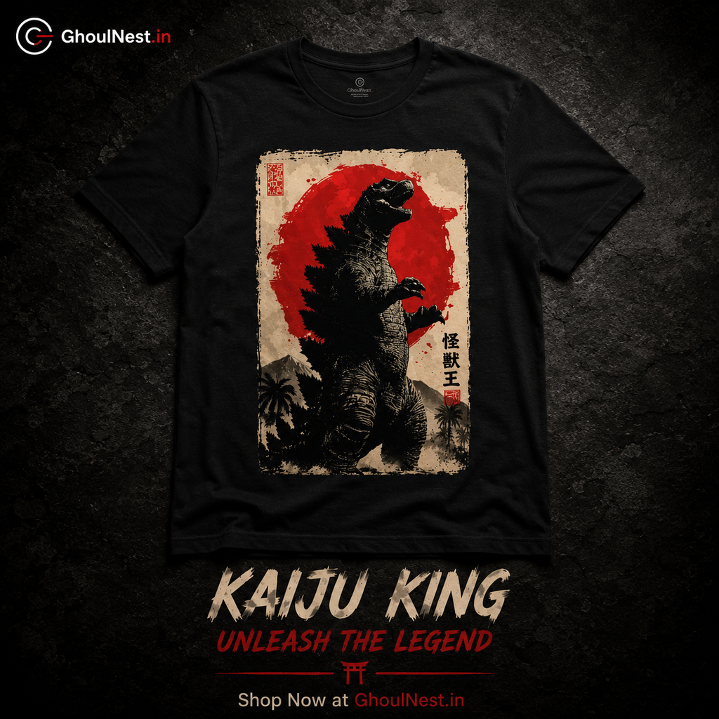 A black short-sleeve t-shirt with a large graphic print of Godzilla against a red sun and Japanese-style background, displayed on a dark textured background with promotional text.