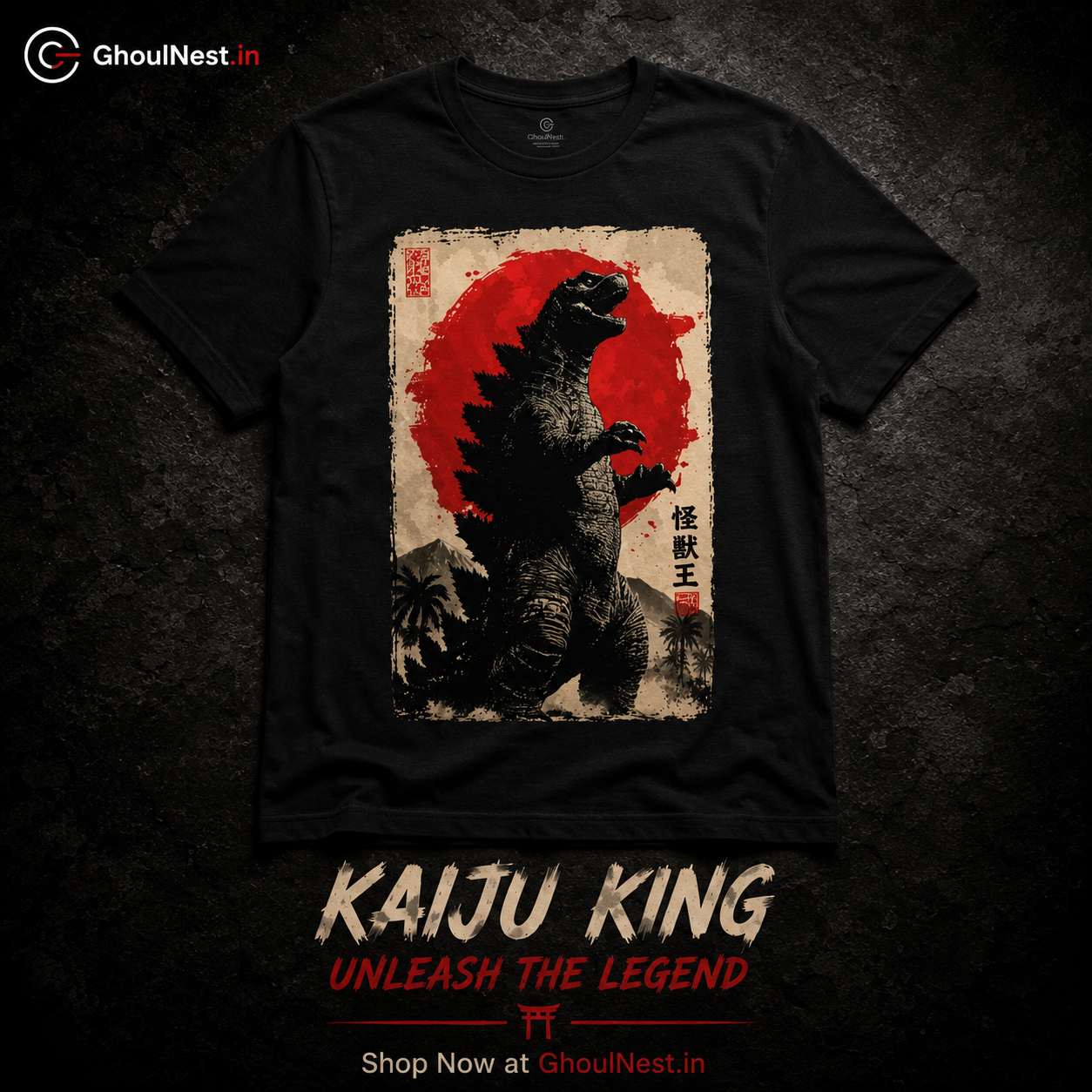 A black short-sleeve t-shirt with a large graphic print of Godzilla against a red sun and Japanese-style background, displayed on a dark textured background with promotional text.