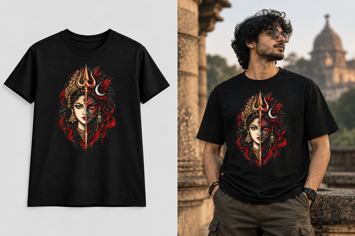 A black short-sleeve graphic T-shirt shown in two views: a flat product shot on the left and worn by a man outdoors on the right. The shirt features a large front graphic with a stylized face, trident, crescent moon, and red abstract details.