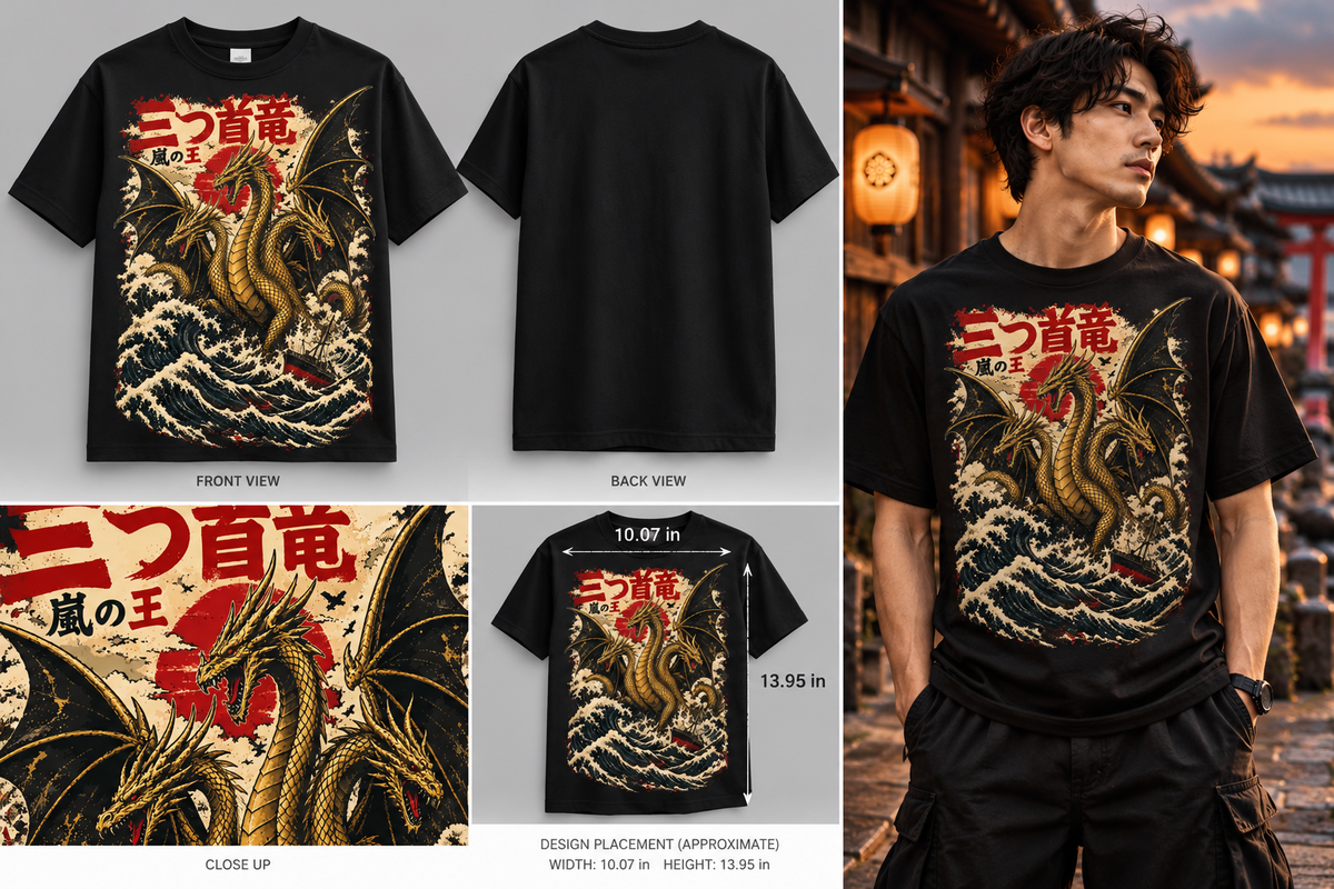 A collage showing a black graphic T-shirt from multiple angles, including front and back views, a close-up of the print, and a model wearing the shirt outdoors. The shirt features a large dragon illustration with red Japanese text and a red sun motif.