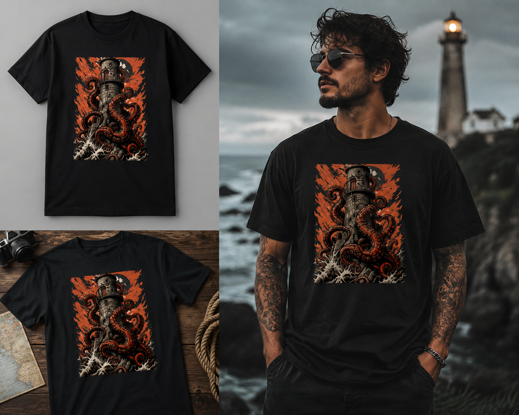 Kraken Lighthouse T-Shirt | Mythical Sea Monster Graphic Tee | GhoulNest