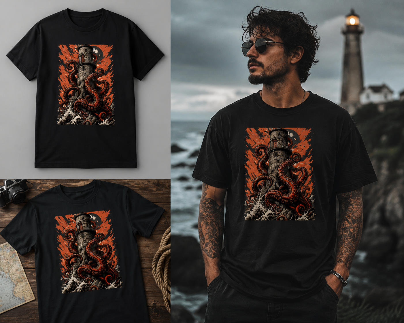 Kraken Lighthouse T-Shirt | Mythical Sea Monster Graphic Tee | GhoulNest