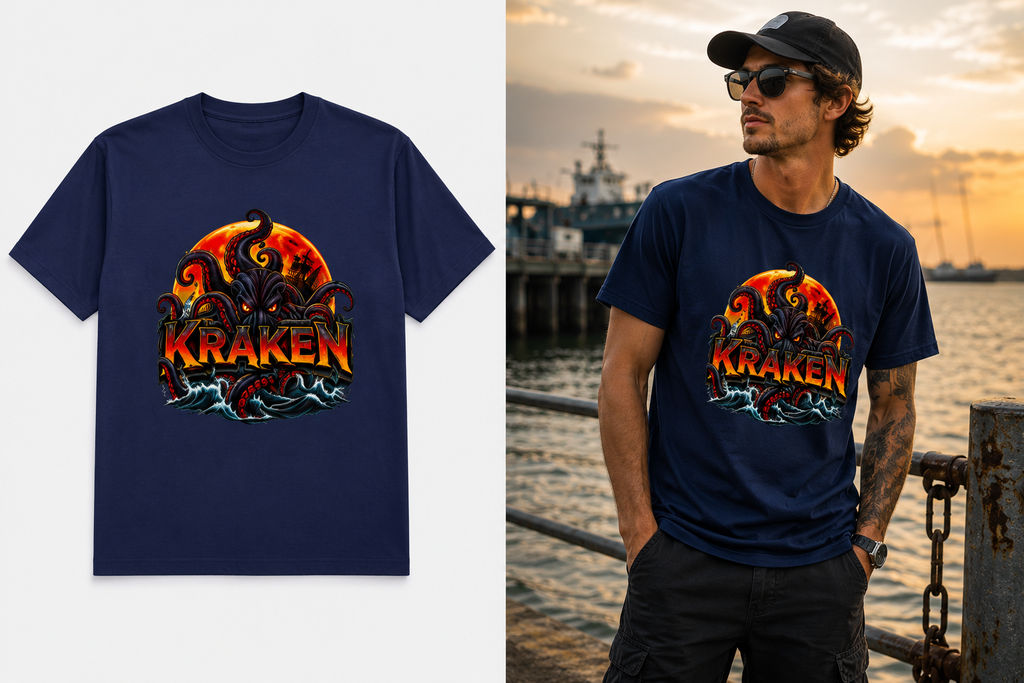 A navy blue graphic T-shirt shown on a plain light background on the left, and worn by a man standing by a waterfront at sunset on the right. The shirt features a large front print with a fiery orange and red kraken illustration and the word 'KRAKEN' in stylized lettering.