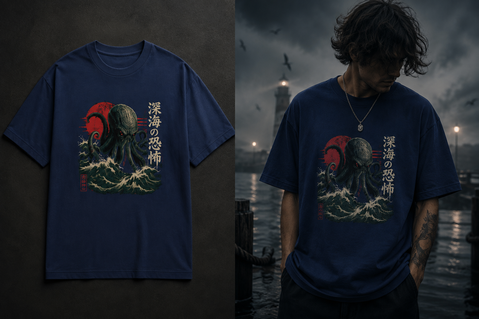 A navy blue graphic t-shirt featuring a Japanese octopus design with a red sun and white waves, shown both flat on the left and worn by a model on the right against a dark, moody waterfront background.