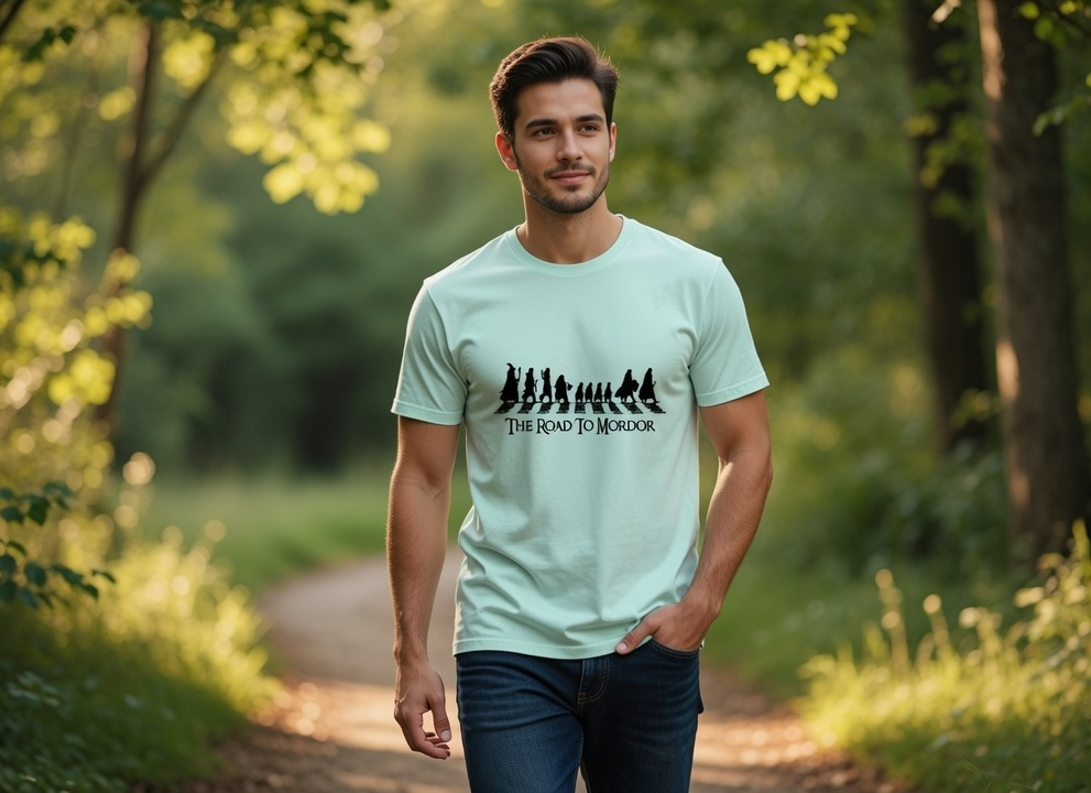 A man standing on a sunlit forest path wearing a light mint green t-shirt with a black graphic of trees and the text 'THE ROAD TO HIKER'.
