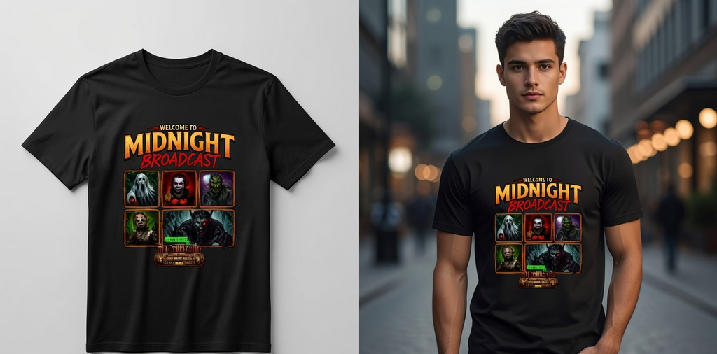 A black short-sleeve graphic T-shirt shown on a mannequin torso and worn by a male model in an outdoor city street setting. The shirt features a colorful 'Welcome to Midnight Broadcast' graphic with illustrated horror-themed characters and text.