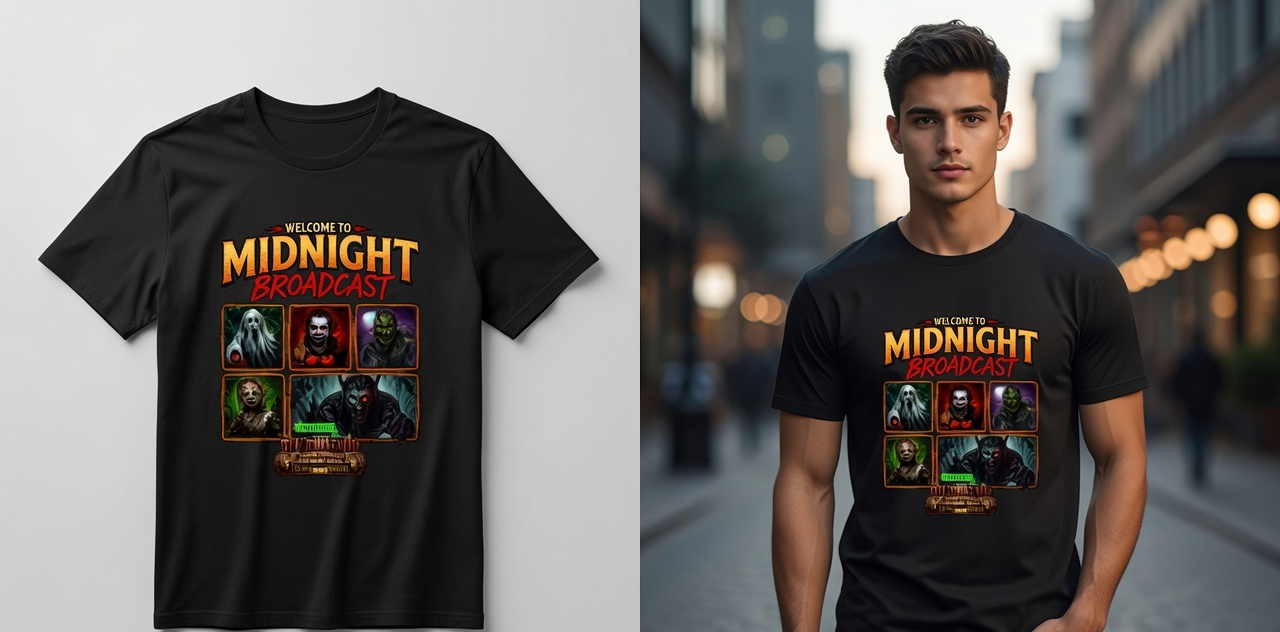 A black short-sleeve graphic T-shirt shown on a mannequin torso and worn by a male model in an outdoor city street setting. The shirt features a colorful 'Welcome to Midnight Broadcast' graphic with illustrated horror-themed characters and text.