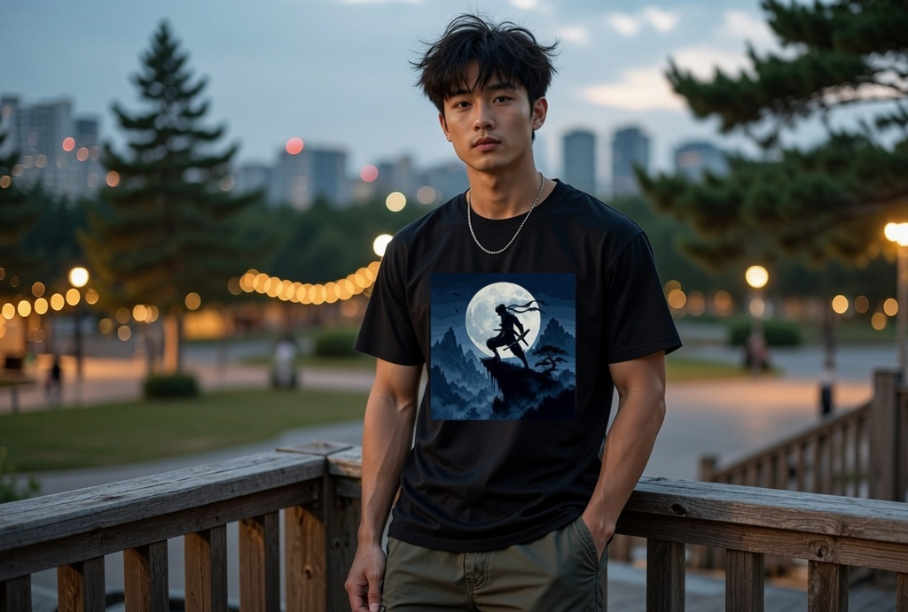 A man wearing a black graphic t-shirt with a moonlit mountain scene print, standing outdoors on a wooden railing at dusk with a blurred city park background.