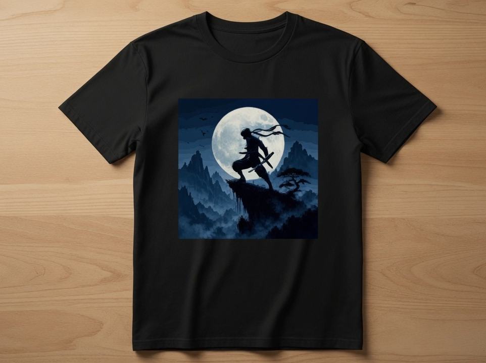 A black short-sleeve crewneck t-shirt laid flat on a light brown wooden surface, featuring a square graphic print of a silhouetted warrior leaping from a cliff under a large full moon.