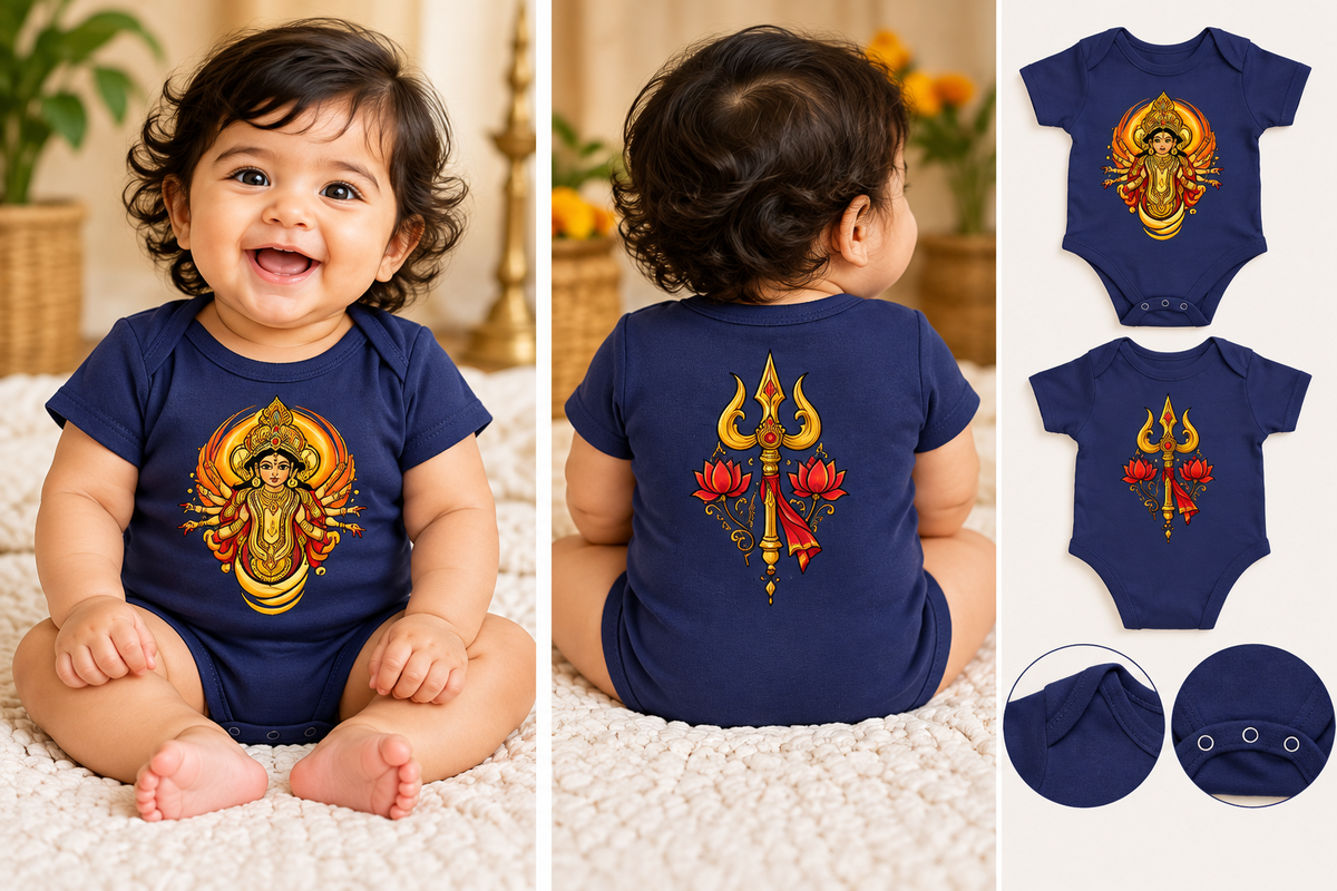 A baby bodysuit shown on a smiling toddler from the front and back, plus smaller flat product views on the right. The bodysuit is navy blue with a large golden deity graphic on the front and a red and gold trident motif on the back.
