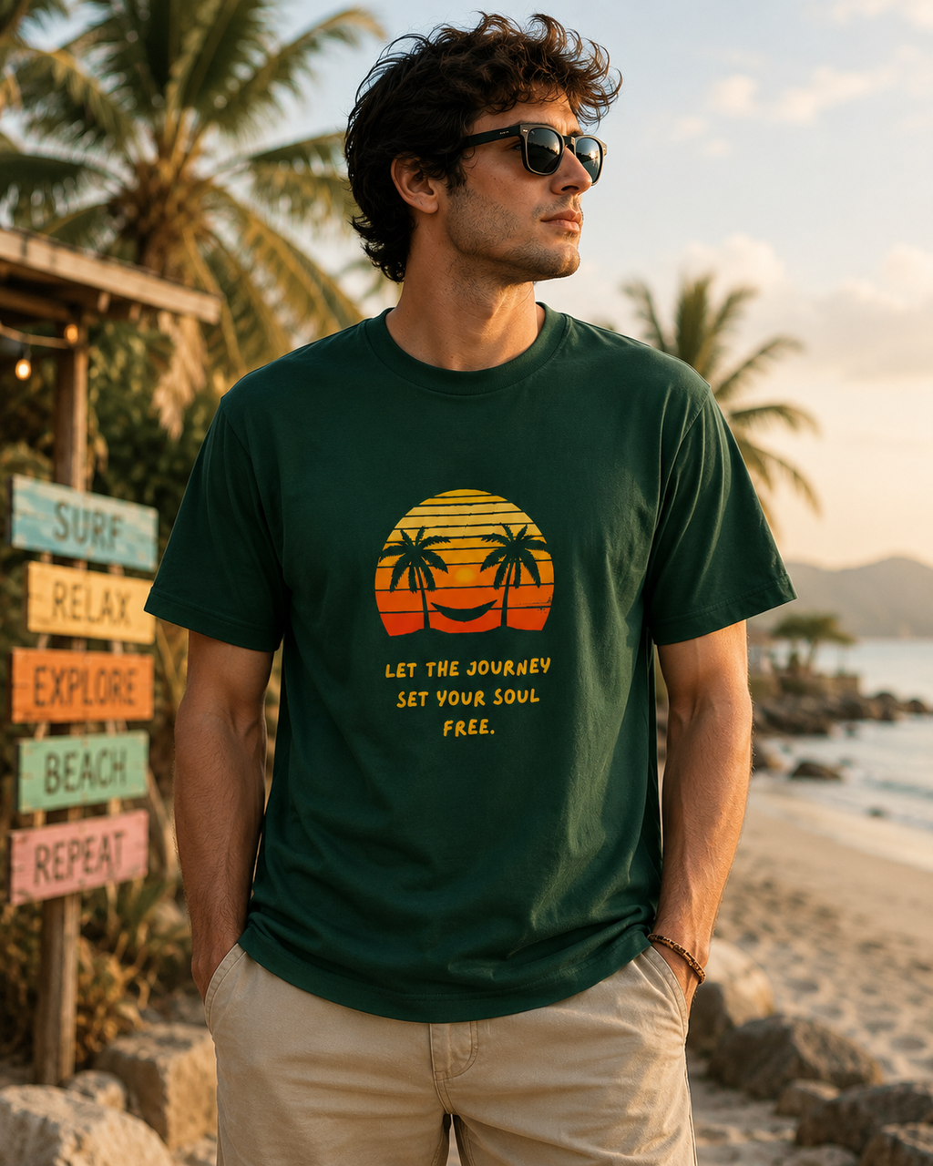 Retro Sunset Palm Tree T-Shirt | Let The Journey Set Your Soul Free Tee