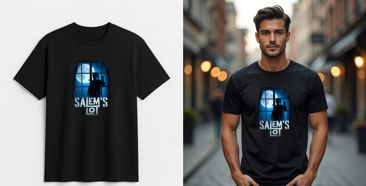 A black short-sleeve T-shirt with a blue and white graphic print reading 'SAIEM'S LOT' is shown on the left against a light gray background, and the same shirt is worn by a man on the right in an outdoor street setting.