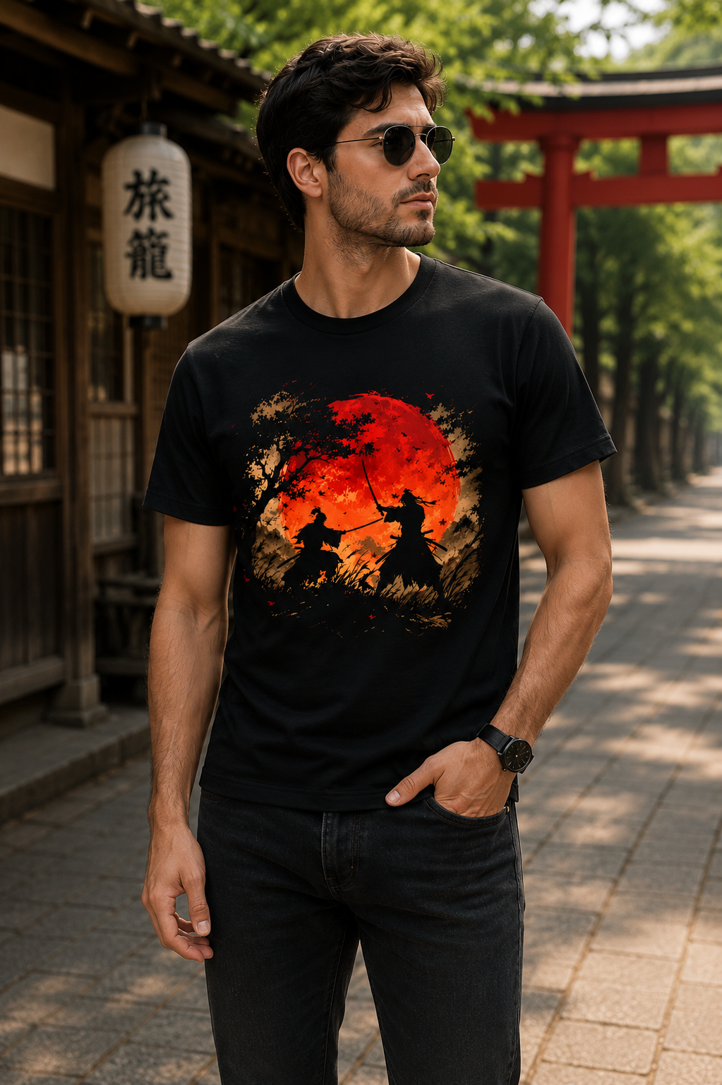 Samurai Fighting T-Shirt | Black Graphic Tee with Red Sun Design – Ghoul Nest