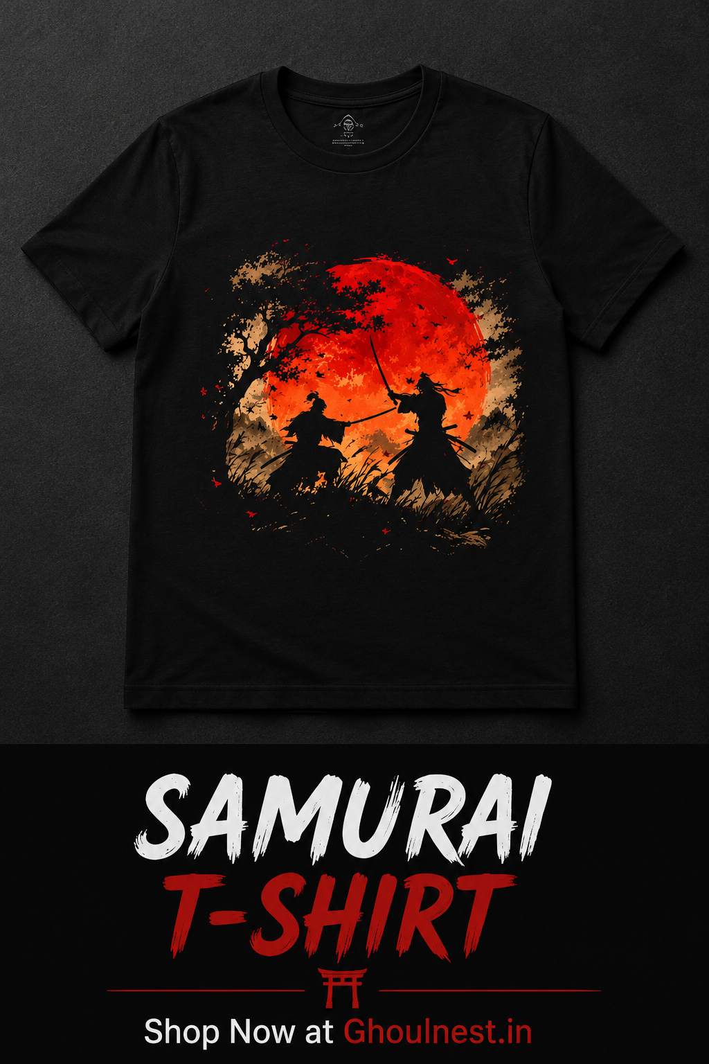 A black short-sleeve t-shirt with a graphic print of two samurai silhouettes facing a large red sun, displayed on a dark background with a promotional banner at the bottom reading 'SAMURAI T-SHIRT' and 'Shop Now at Ghoulnest.in'.