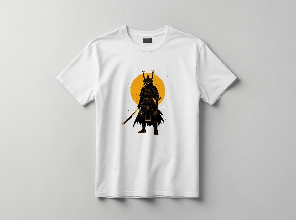 A white short-sleeve crewneck t-shirt with a graphic print of a samurai silhouette standing in front of a large orange sun on the front, displayed flat against a light gray background.
