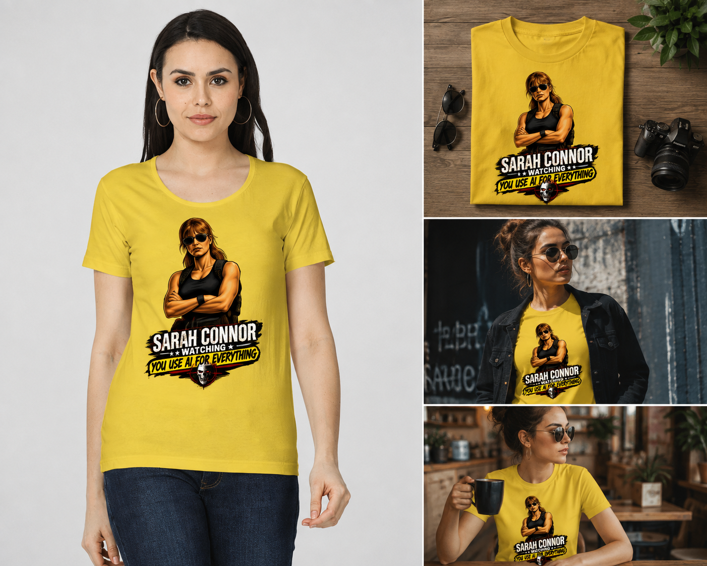 Sarah Connor Watching You Use AI for Everything – Funny Women's Graphic T-Shirt