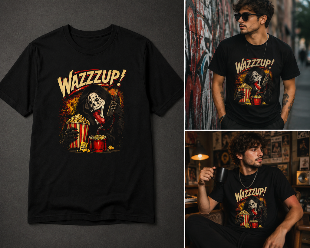 WAZZZUP! Skeleton Popcorn T-Shirt – Funny Retro Graphic Tee
