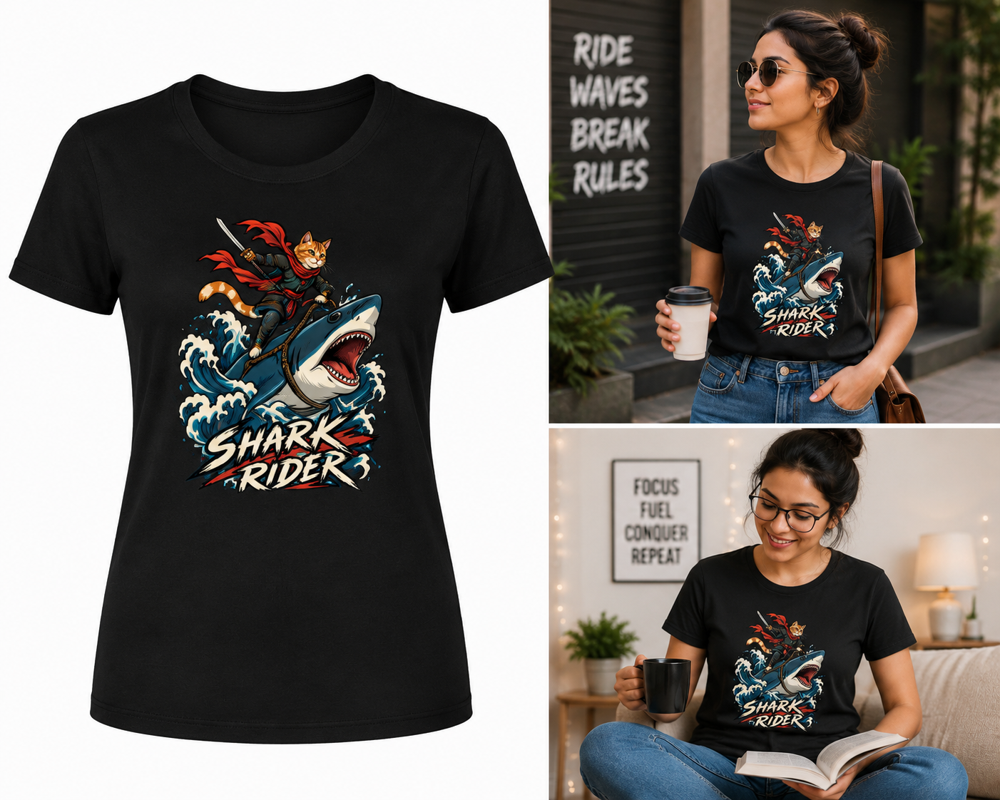 Shark Rider Cat T-Shirt – Samurai Cat Funny Animal Graphic Tee