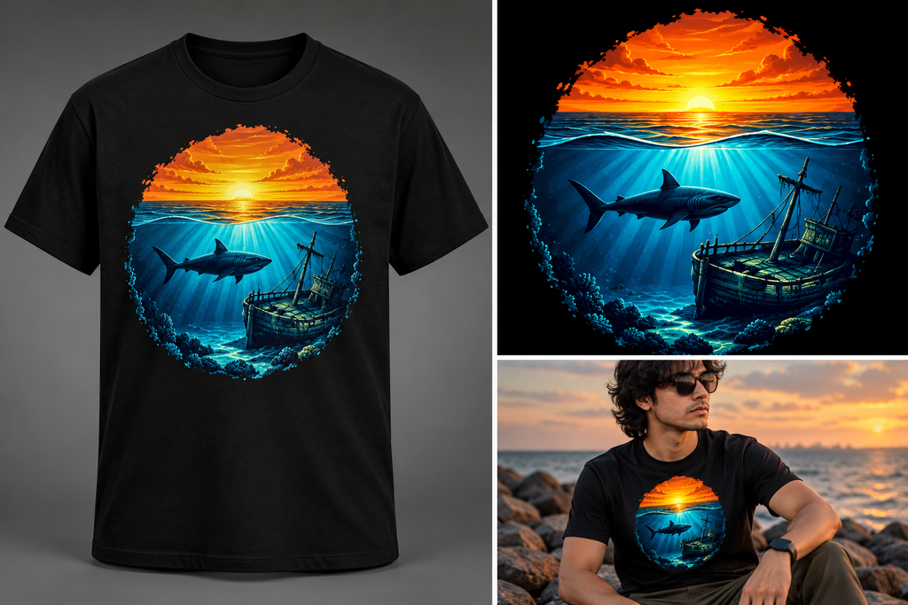 Sunken Shark – Sunset & Shipwreck Graphic T-Shirt