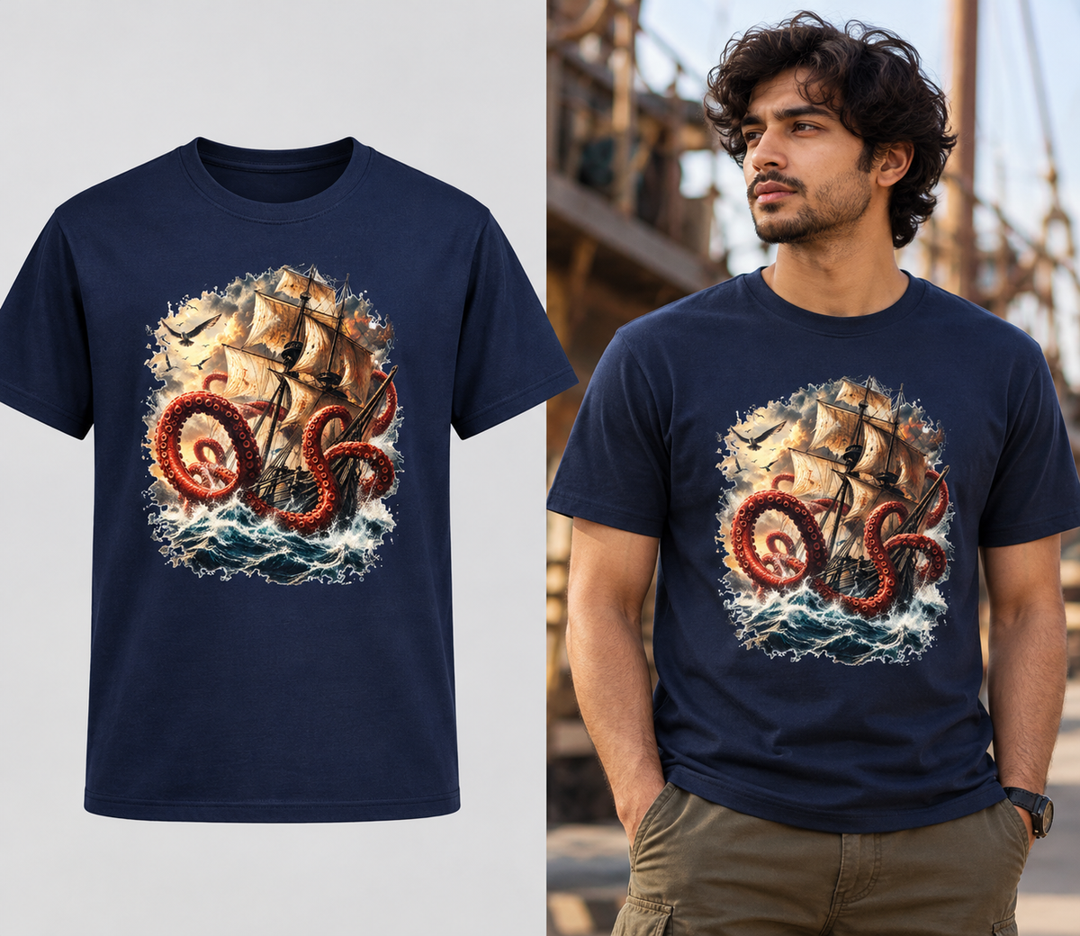 A navy blue short-sleeve crewneck t-shirt featuring a graphic print of a sailing ship and red octopus tentacles in the water. The left side shows the flat-laid t-shirt on a light gray background, and the right side shows a man wearing the t-shirt in an outdoor setting with a bridge in the background.
