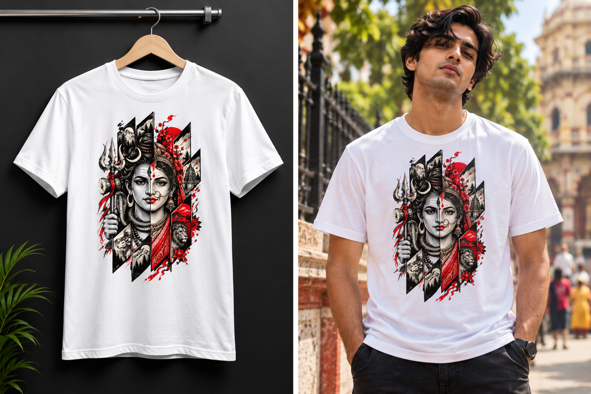 A white short-sleeve graphic T-shirt shown hanging on a wooden hanger against a dark wall, alongside a man wearing the same shirt outdoors. The shirt features a large front print of a stylized woman's face and figure in black, red, and gray with a trident motif.