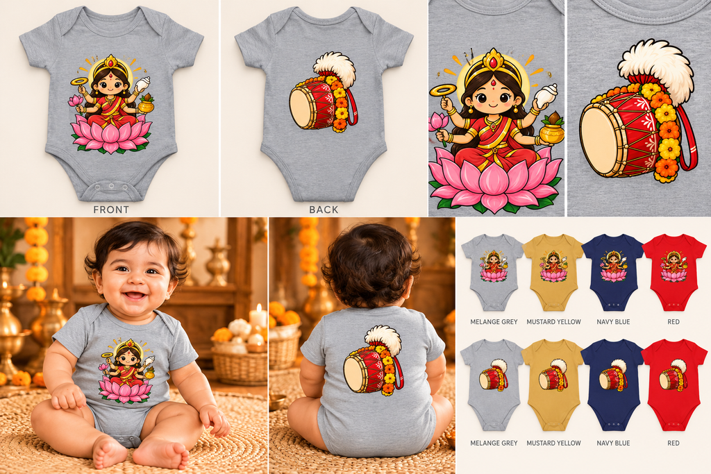 A collage showing baby bodysuits with a colorful printed illustration of a seated goddess on a pink lotus and a decorated drum. The collage includes front and back views of the bodysuit on a baby, close-up detail shots, and a color options grid with multiple bodysuit colors.