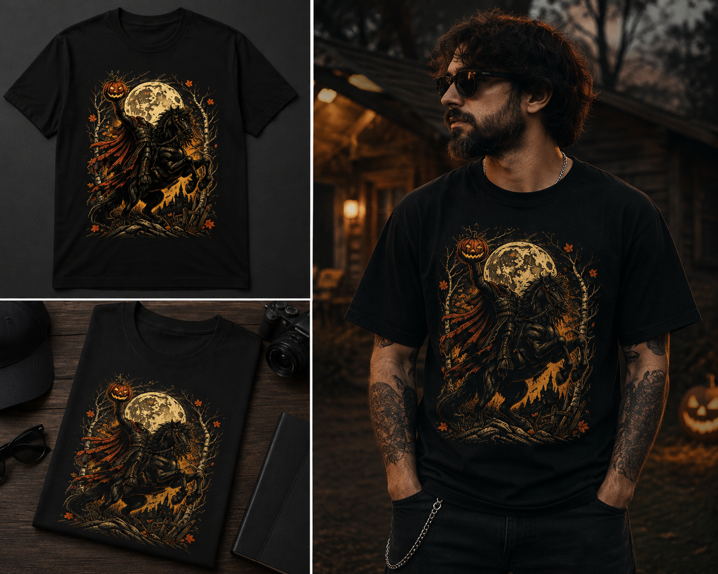 A black graphic T-shirt shown in multiple views: a clean flat product shot, a styled flat lay with accessories, and a man wearing it outdoors at dusk. The shirt features a large Halloween-themed illustration with a raven, moon, pumpkins, and orange foliage.