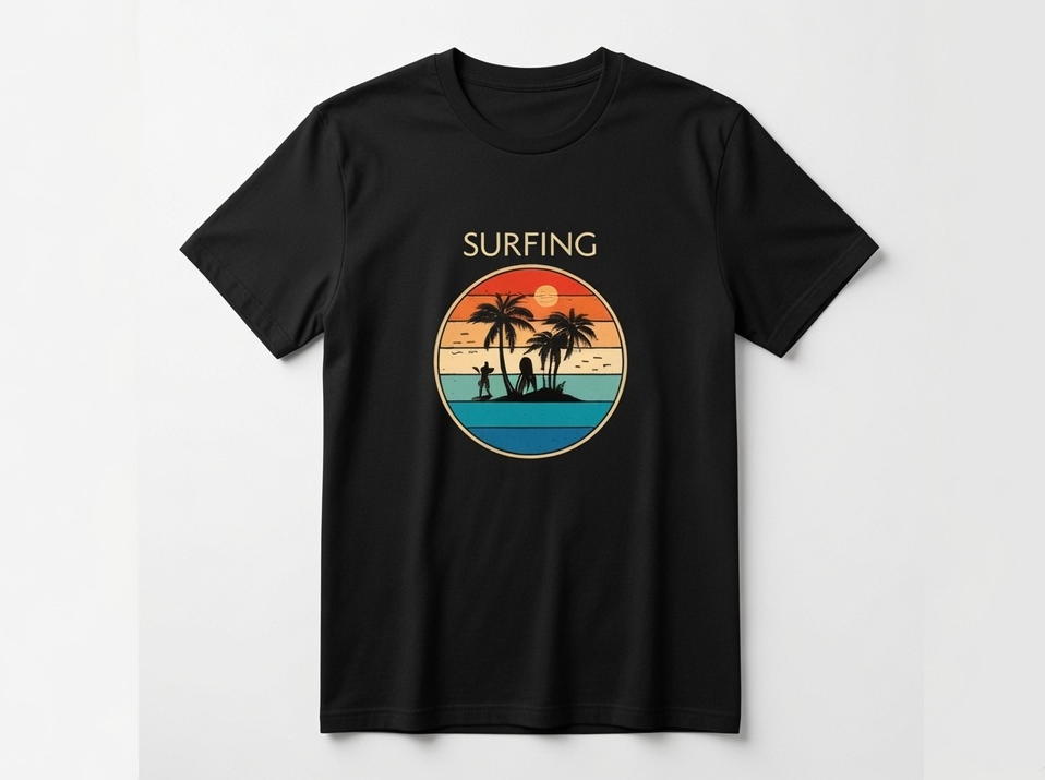 A black short-sleeve crewneck t-shirt featuring a retro circular graphic of a beach sunset with palm trees and the word 'SURFING' printed above it, displayed on a light gray background.